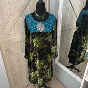 Fairy Core Teal and Black Velour Beaded Tunic